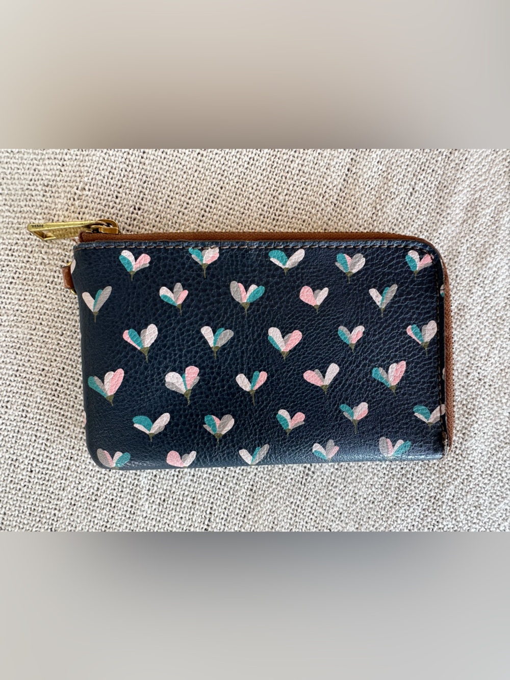 Fossil Navy Wristlet Wallet with Pink and Teal Heart Motif - Picture 4 of 9
